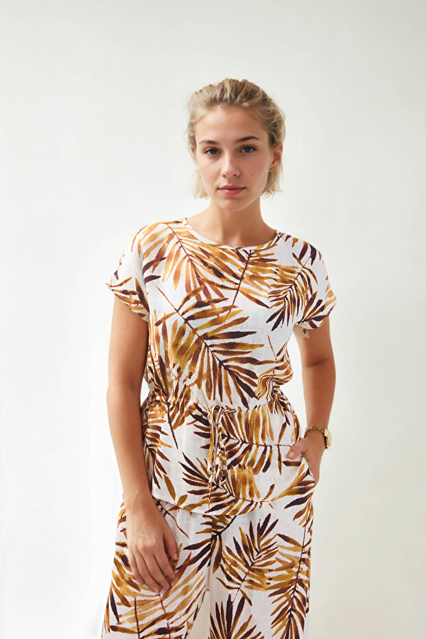 Leaf Patterned Waist Drawstring Blouse - 1