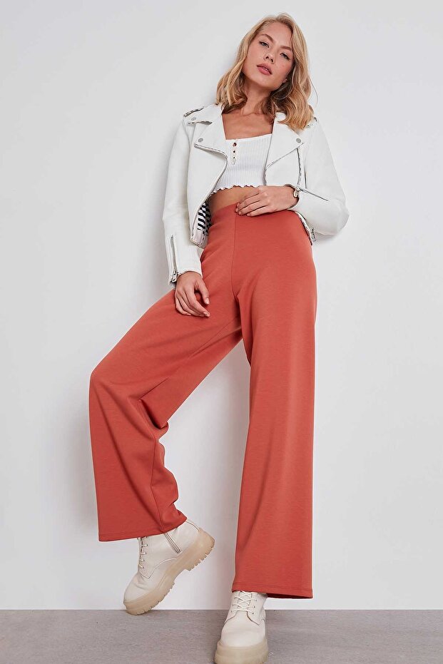 Yüksek Bel Bol Paça Örme Pantolon - 1