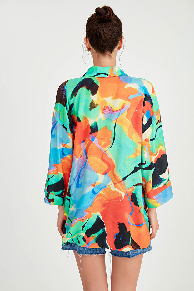 Low Shoulder Patterned Oversize Blouse with Buttoned Front - 4