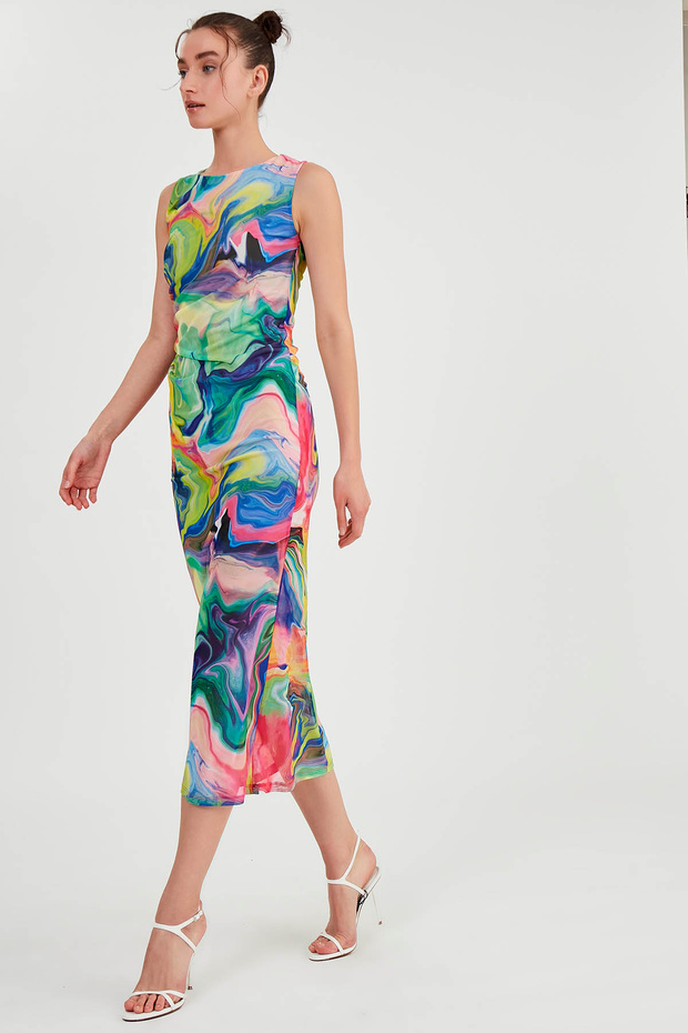 فستان طويل من التول برباط منقوش - 4