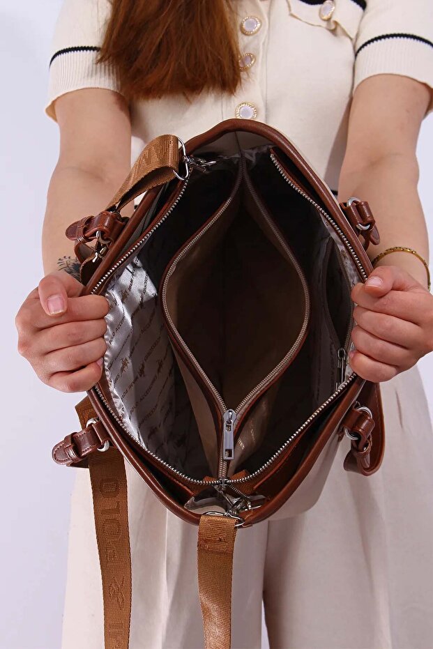 Kadın Polo Şerit Desenli Uzun Askılı 4 Bölmeli El & Omuz Çantası - 5