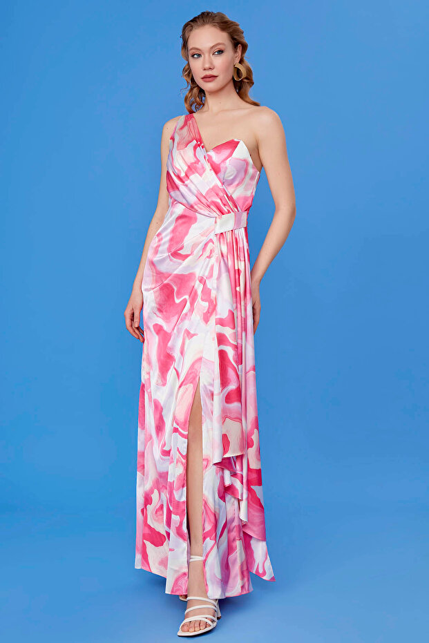 Saténové šaty s mramorovaným vzorem na jedno rameno - 2