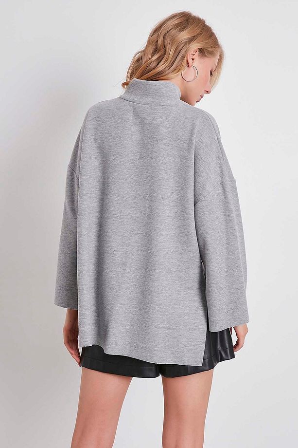 Düşük Kol Yakalı Yanlar Yırtmaçlı Örme Oversize Bluz - 2