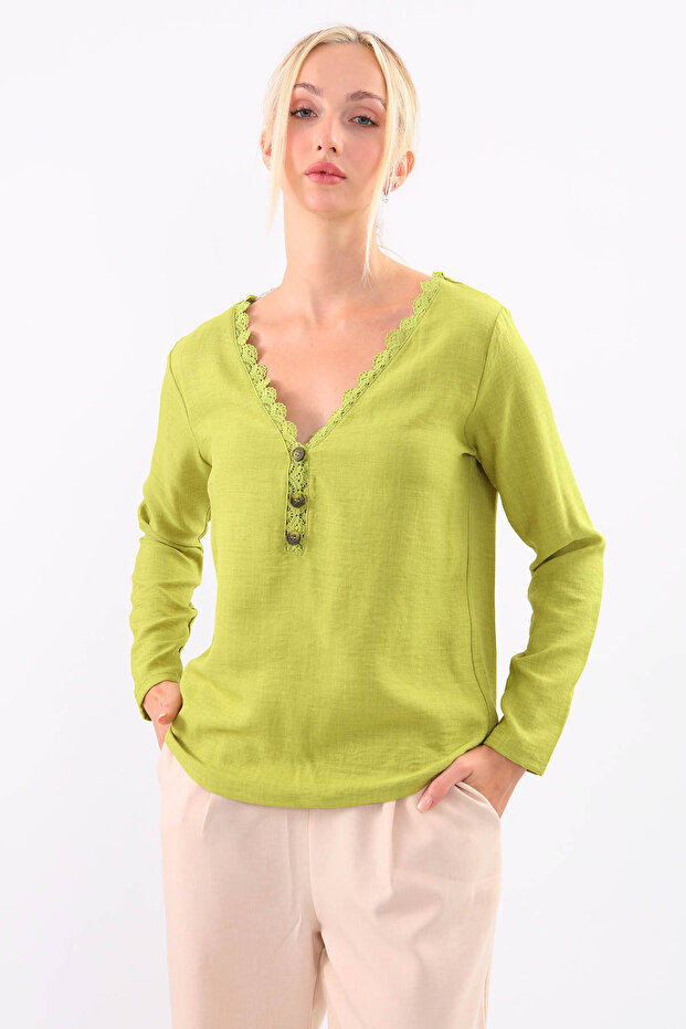 Laced Collar Buttoned Front Blouse - 1