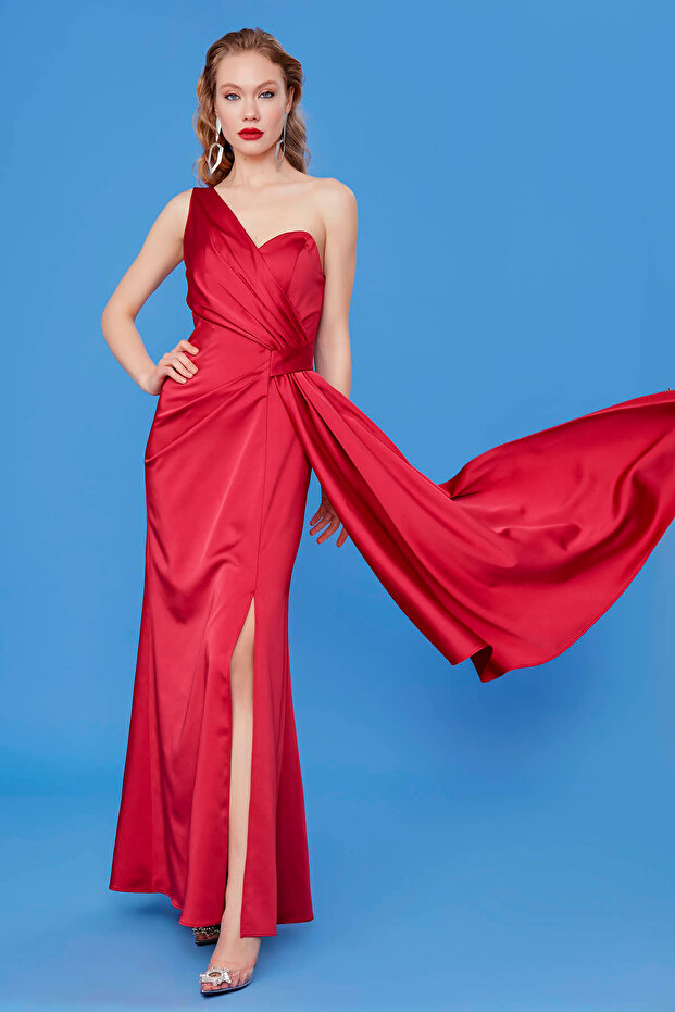 One Shoulder Long Satin Dress - 2