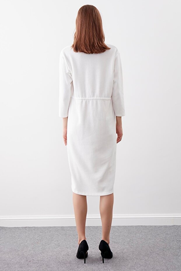 Düğmeli Beli Büzgülü Örme Elbise - 2