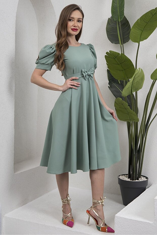 Green Watermelon Sleeve Flared Midi Length Crepe Dress