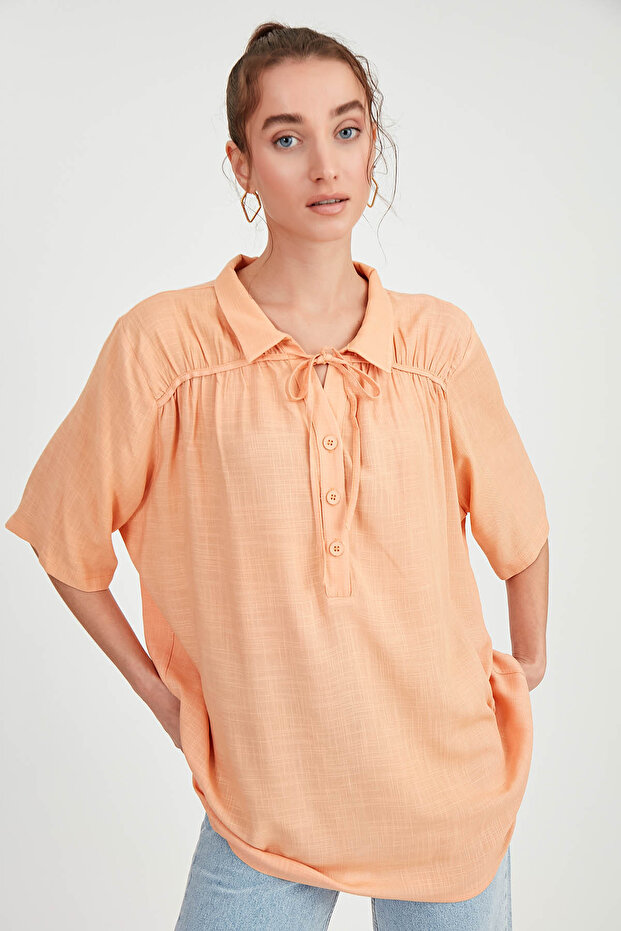 Önü Düğmeli Bağlamalı Bluz - 5