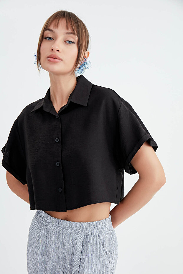 Düşük Omuz Crop Gömlek - 3