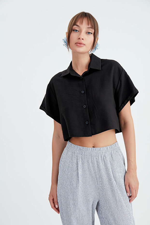 Düşük Omuz Crop Gömlek - 2