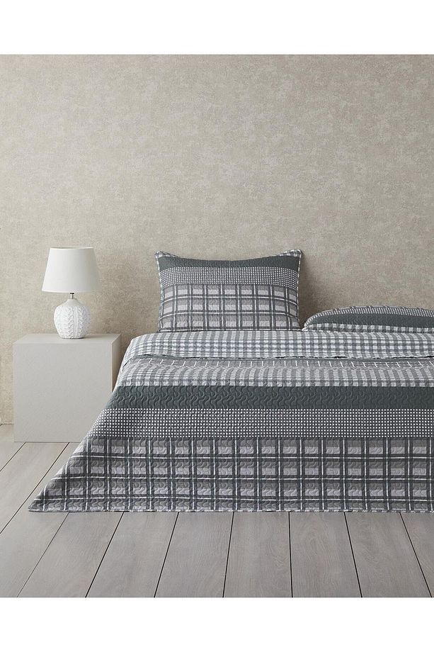 Line Grid Çok Amaçlı Tek Kişilik Yatak Örtüsü Takımı 160x220 cm Gri - 1