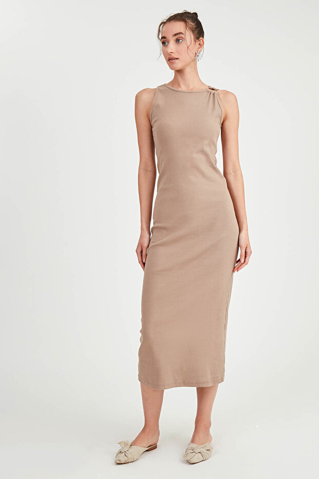 Omuzu Tokalı Uzun Örme Elbise - 2