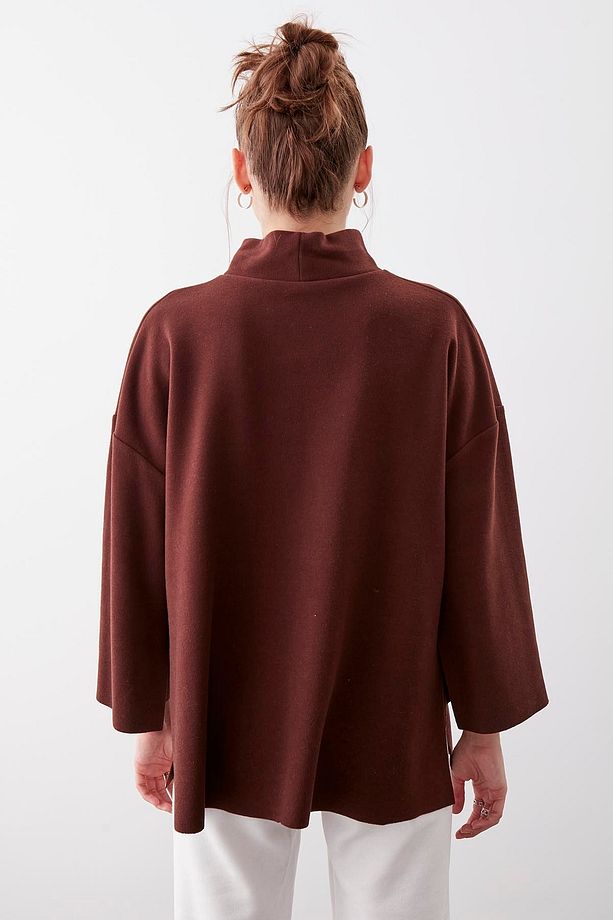 Düşük Kol Yakalı Yanlar Yırtmaçlı Örme Oversize Bluz - 5
