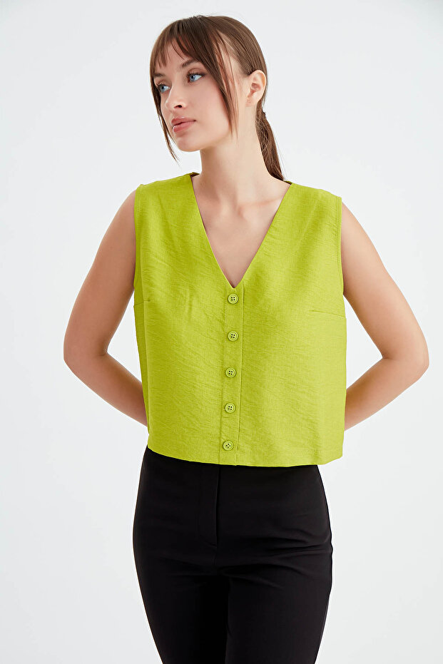 Düğmeli Crop Yelek - 2