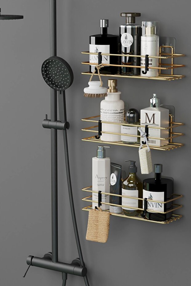 Home Gold Plated Adhesive 3 Pieces Bathroom Shelf Shower Shampoo Holder Wall Organizer Organizer