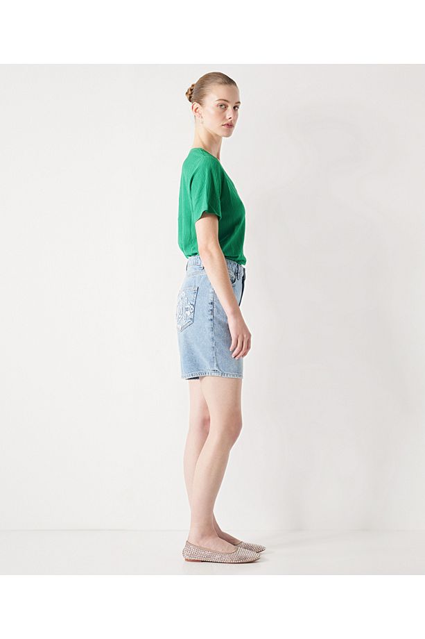 Slogan baskılı denim şort - 3