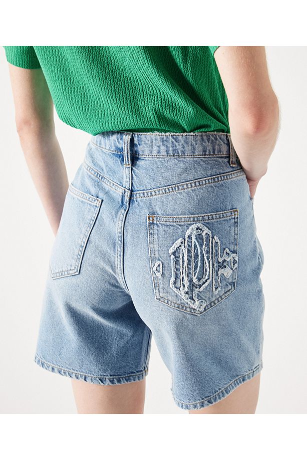 Slogan baskılı denim şort - 5