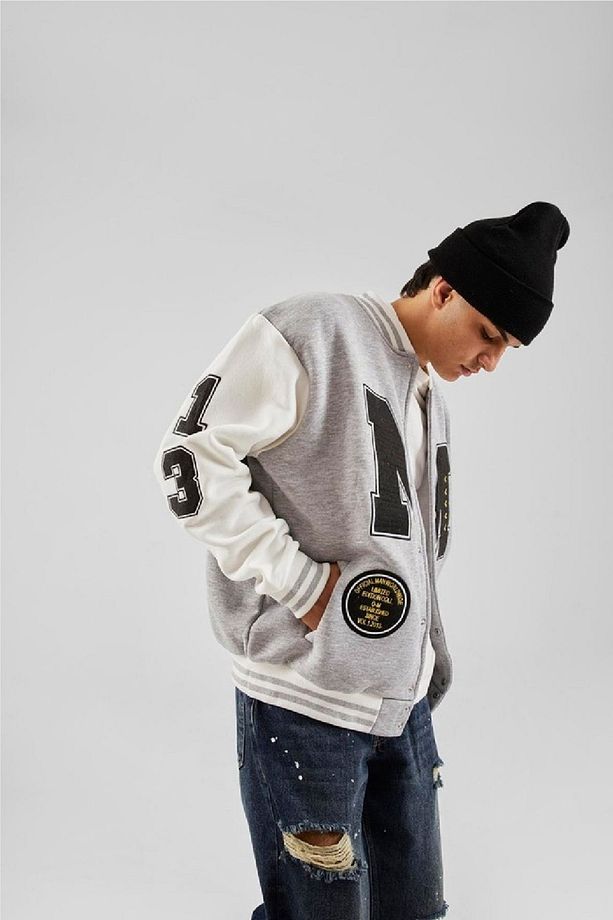 Unisex Oversize M Nakiş Işlemeli Bomber Kolej Ceket - 2