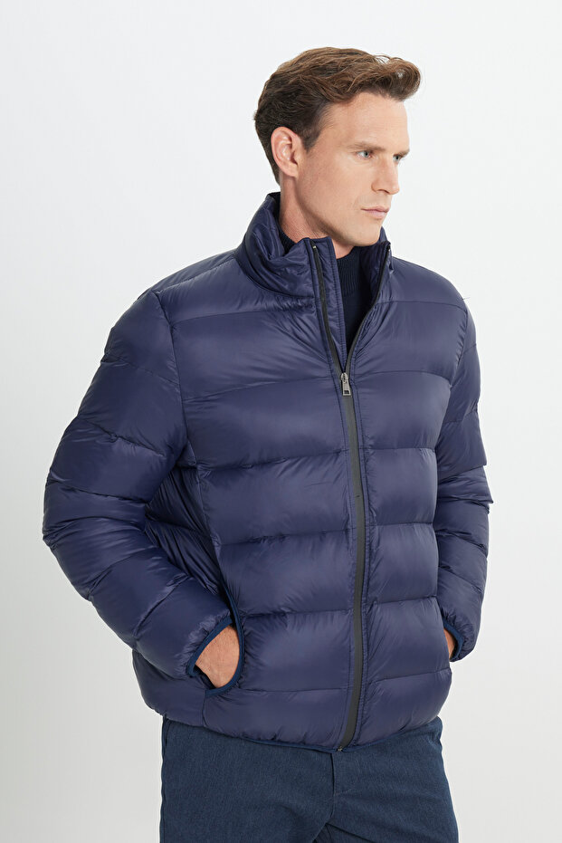 Erkek Lacivert Standart Fit Soğuk Geçirmez Casual Mont - 4