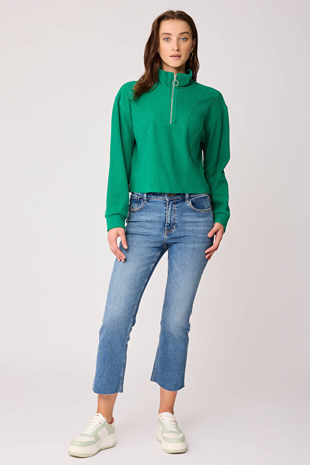 Dik Yaka Fermuarlı Örme Sweatshirt - 1