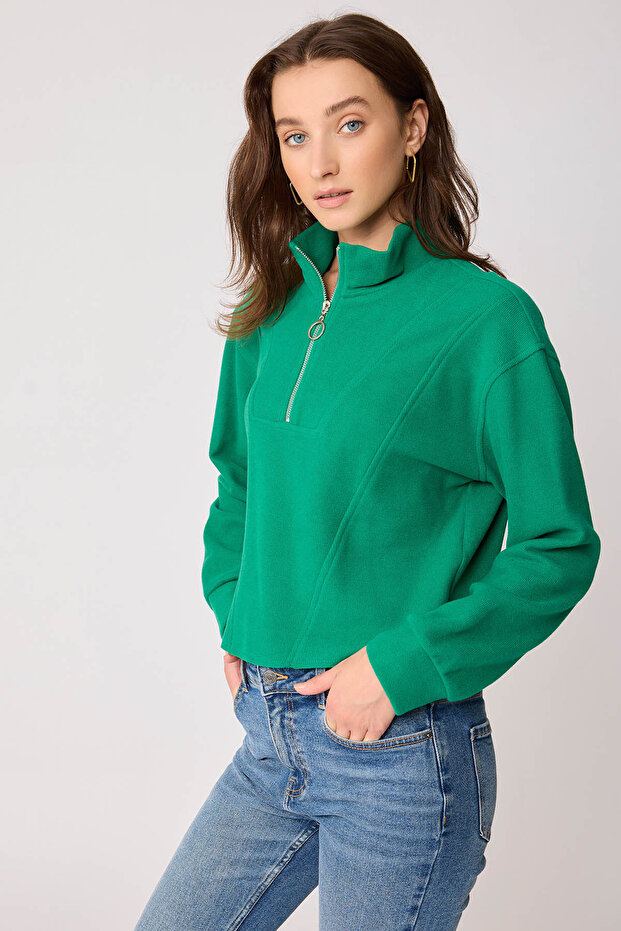 Dik Yaka Fermuarlı Örme Sweatshirt - 2