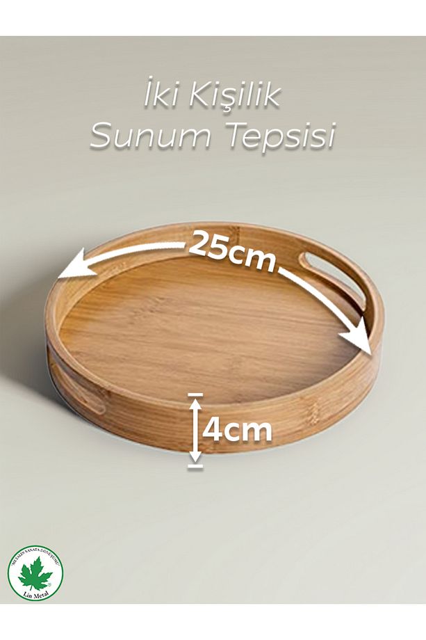 25 Cm Yuvarlak Bambu Tepsi, Kulplu Sunum Tepsisi, Servis Tepsisi, Kahve Tepsisi, Modern Tahta Tepsi - 6