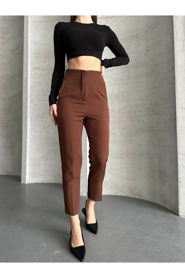 Women's High-Waisted Pleated Carrot Fabric Trousers
