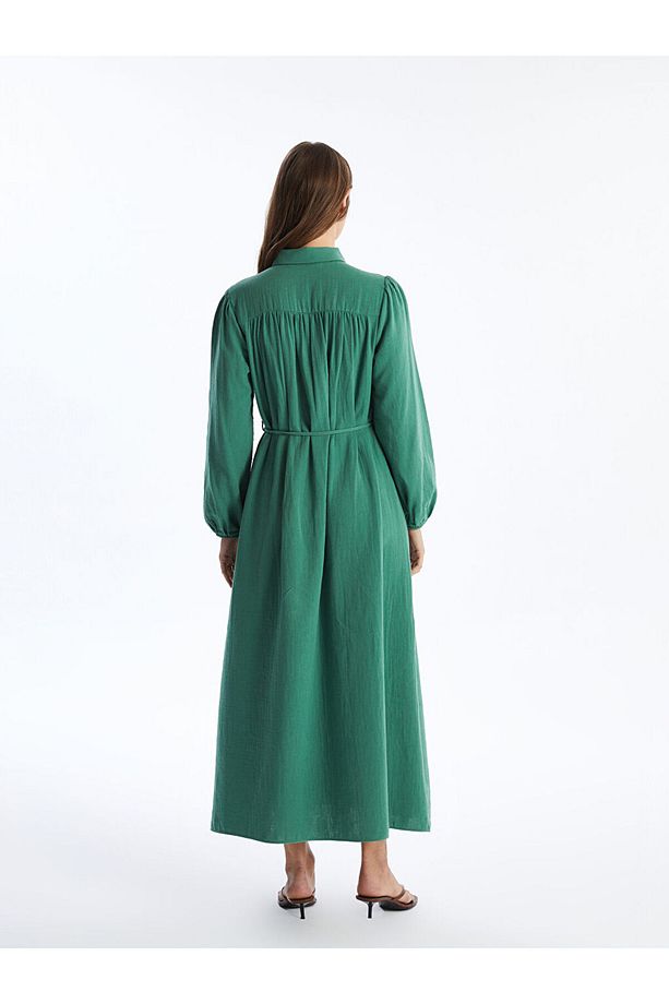 LCW Modest Yeşil Gömlek Yaka Müslin Kadın Elbise - 4