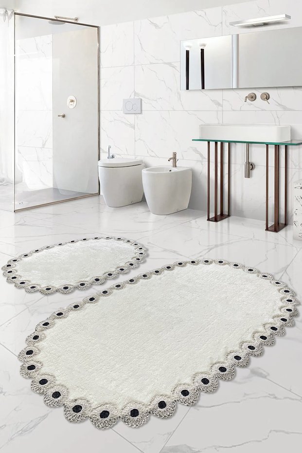 Gülruba Oval Cream Dowry Lace 2-Piece Bath Mat Set Non-Slip Base Toilet Seat
