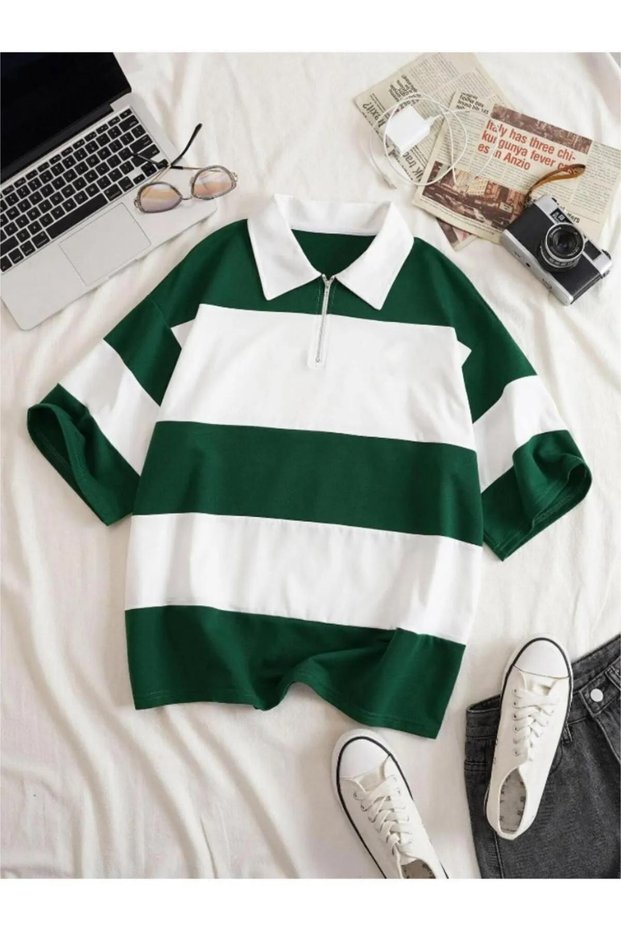 Unisex Green Striped Oversize Polo Neck Half Zipper T-Shirt