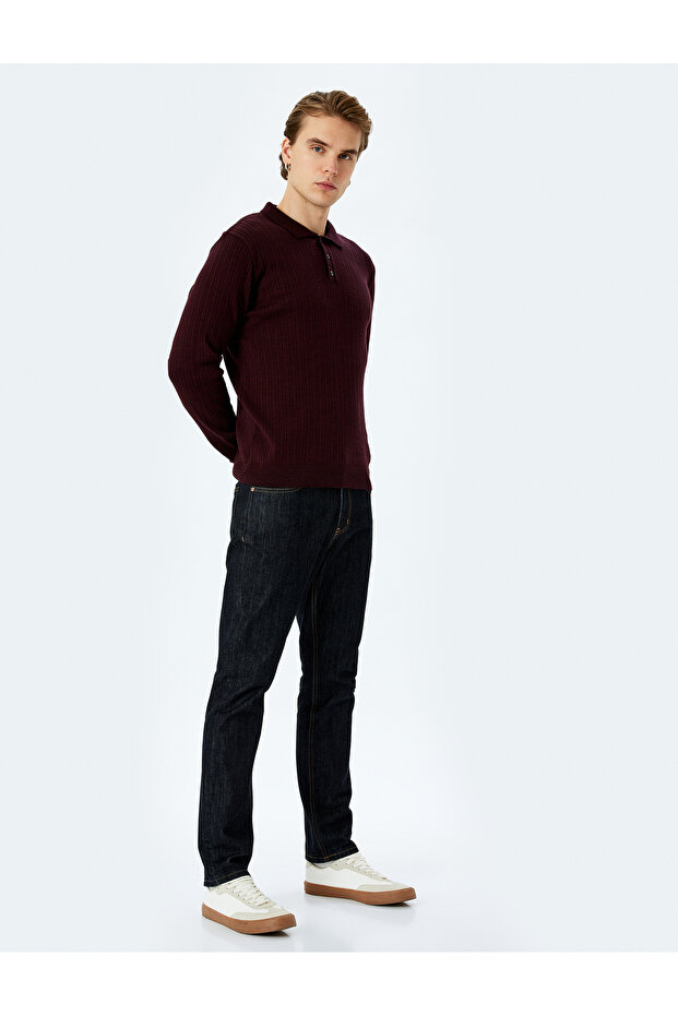 Polo Neck Buttoned Textured Knitwear Sweater
