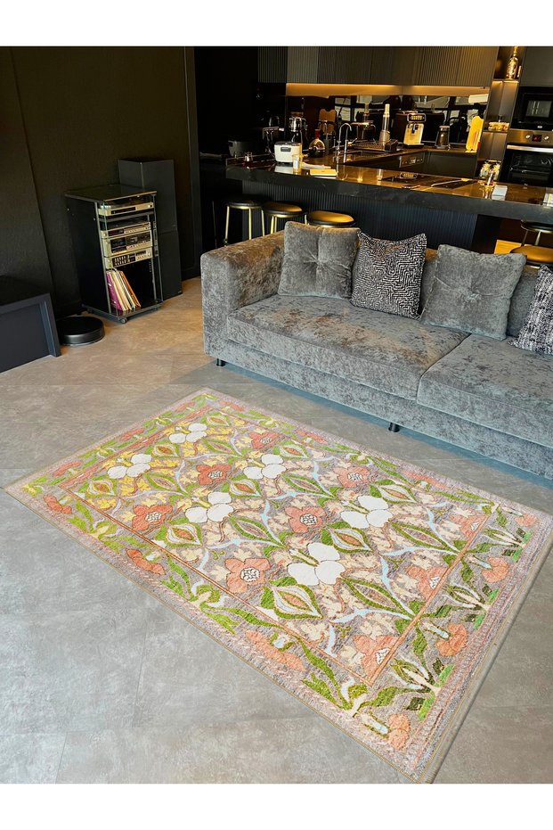 Crescent Collection Orange Yellow Detailed Antique Look Patterned Woven Base Decorative Carpet Hilal14