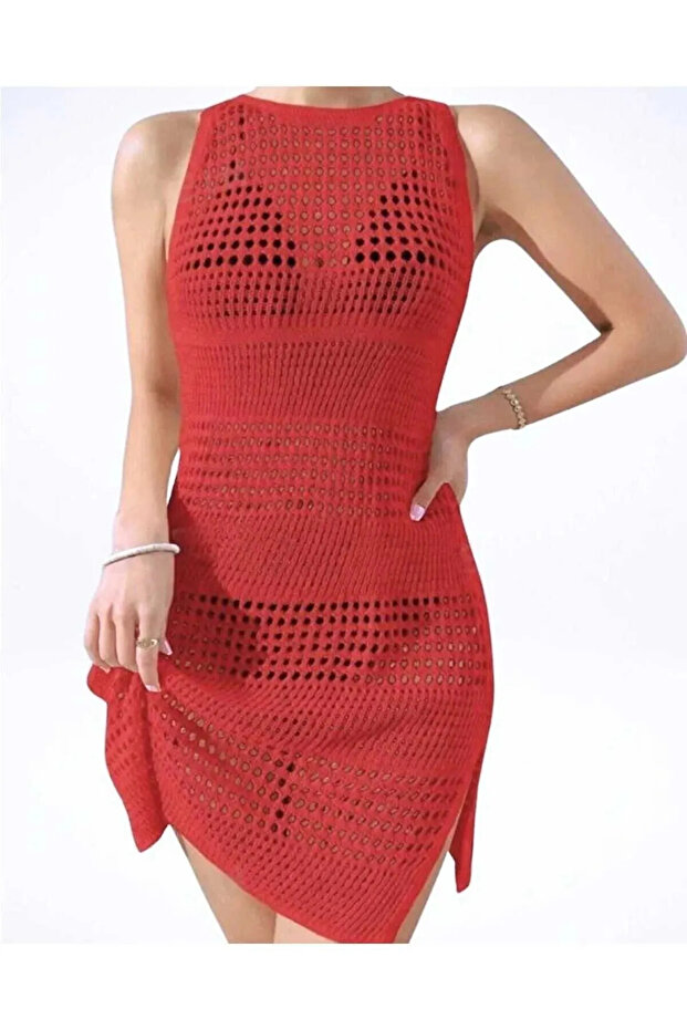STRICK BEACH DRESS WITH BADDLE BIKINI TOP AND SLITTER BICYCLE COLLAR