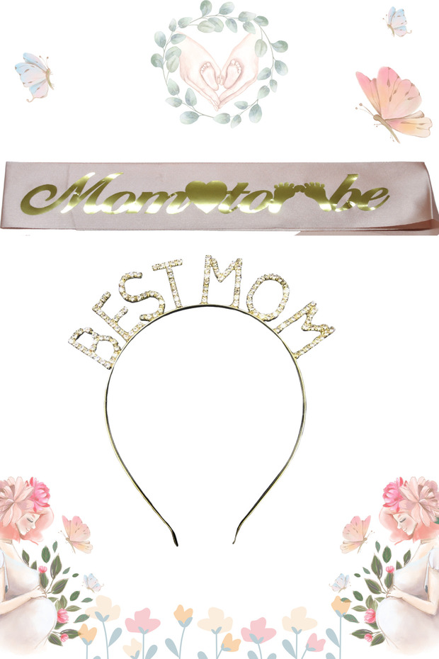 Mom to Be Sash and Best Mom Metal Crown & Baby Shower Set & Rose Gold Sash Gold Crown
