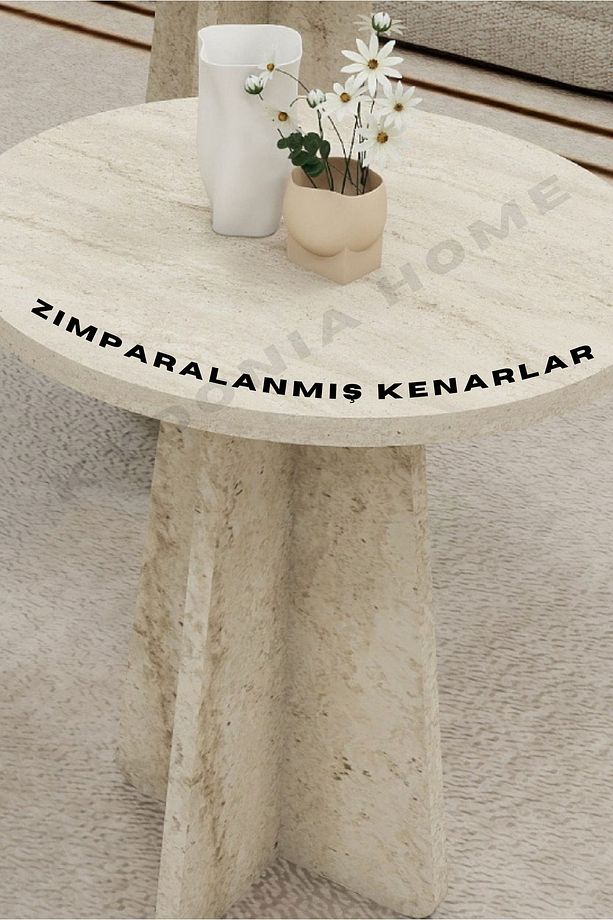 Üçlü Takım Zigon Mantar Sehpa Takımı Traverten Desenli İskandinav Tarzı - 5