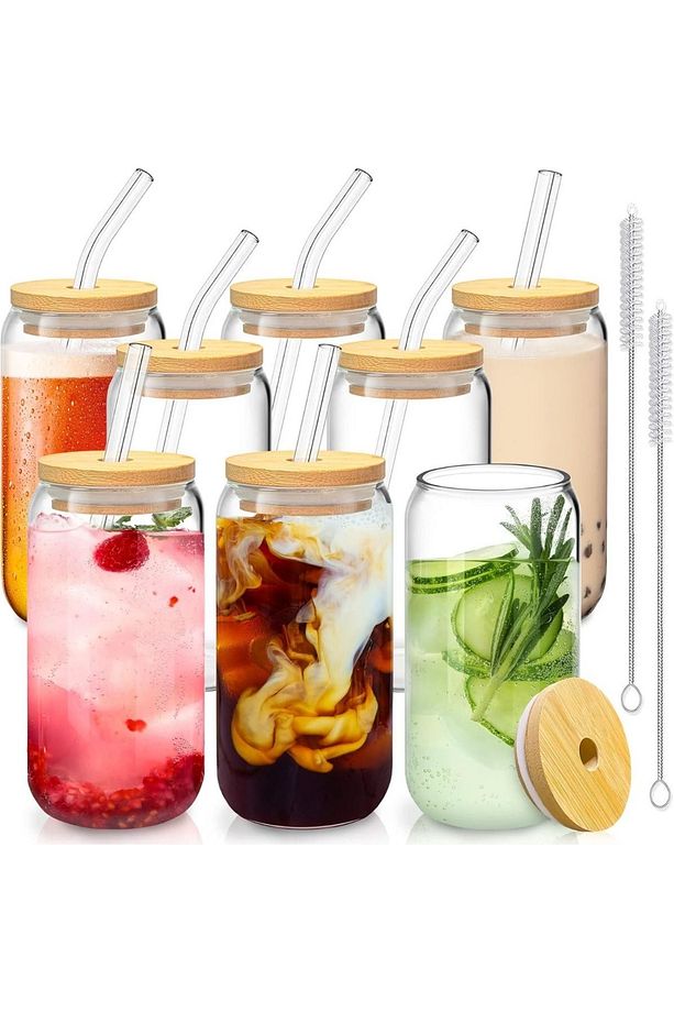 Bambu Kapaklı Cam Bardak Seti Cam Pipet Ve Pipet Temizleme Fırçası Hediyeli - 2