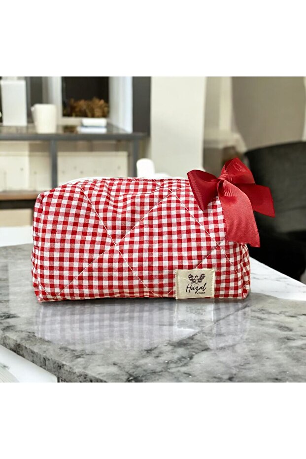 Red Gingham Cosmetic Bag, Makeup Bag, Multi-Purpose Bag with Bow Detail