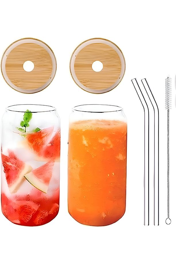 Bambu Kapaklı Cam Bardak Seti Cam Pipet Ve Pipet Temizleme Fırçası Hediyeli - 1