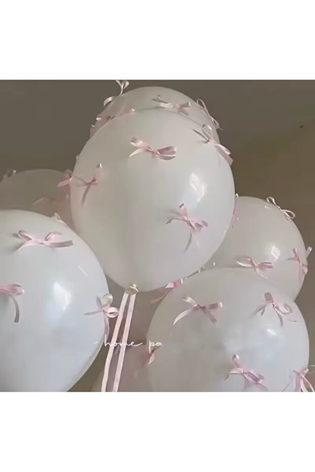 6 White Balloons with Pink Bow Ribbon