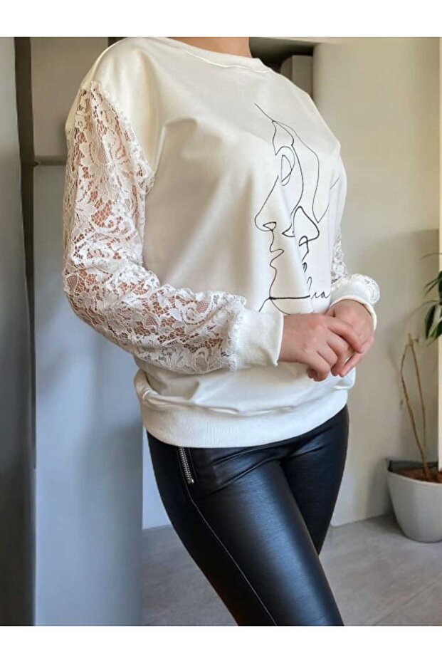 Dantel Kol Detay Silüet Baskı Sweatshirt - 2