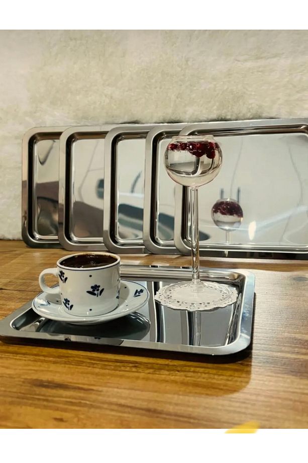 PASLANMAZ ÇELİK KARE MODEL 6 ADET SERVİS VE SUNUM TEPSİSİ ÇAY KAHVE TEPSİ LÜX - 2