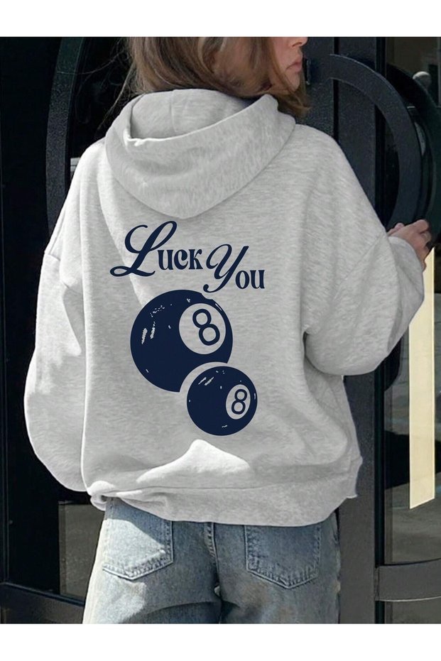 Women's Gray Luck You Printed Hooded Hoodie Sweatshirt