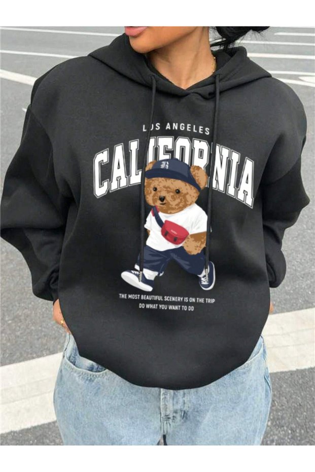 Women's Black California Bear Printed Hooded Hoodie Sweatshirt