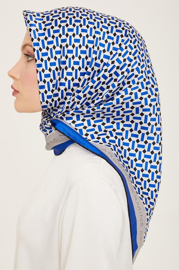 Saks Mavi-Siyah Geometrik Desen Sura İpek Eşarp 9151-38 - 3