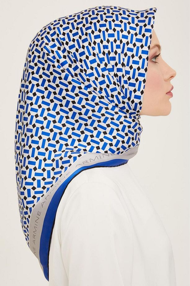 Saks Mavi-Siyah Geometrik Desen Sura İpek Eşarp 9151-38 - 2