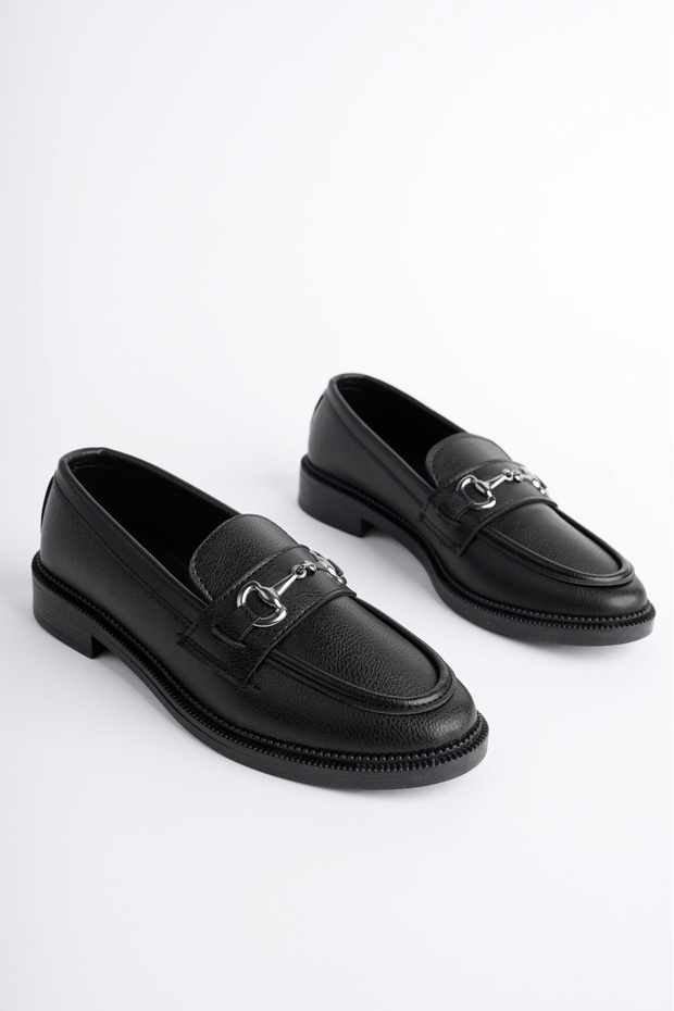 Women's Black Skin Stylish Comfortable Sole Buckle Ballerinas