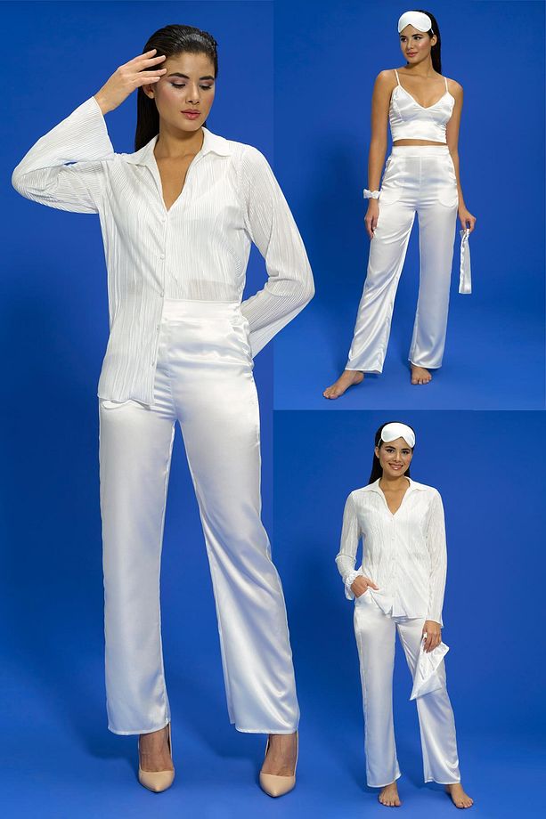 6'lı Pliseli Ekru Bustiyerli Pijama Takım - 2