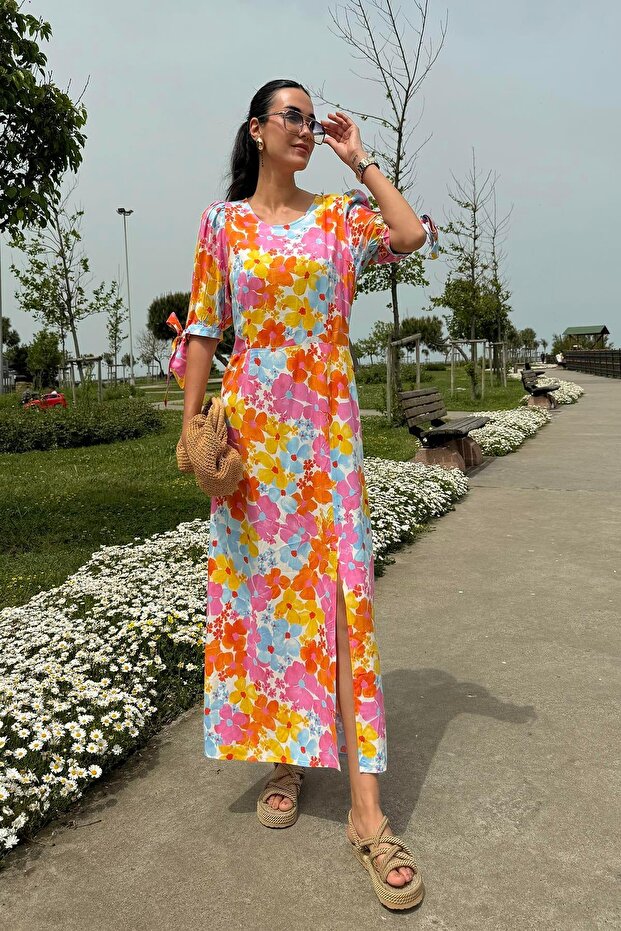 Natural Viscose Patterned Slit Long Orange Dress - 1