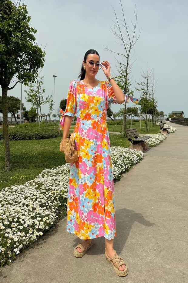 Natural Viscose Patterned Slit Long Orange Dress - 5