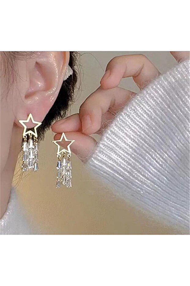 Gold Baguette Stone Fringed Star Earrings